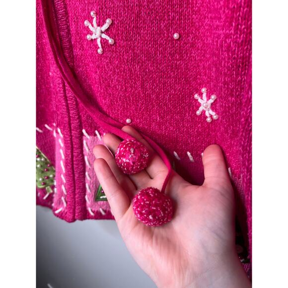 2000s Timberlea Pink Green Christmas Patchwork Snowflake Full Zip Sweater S - Picture 4 of 6